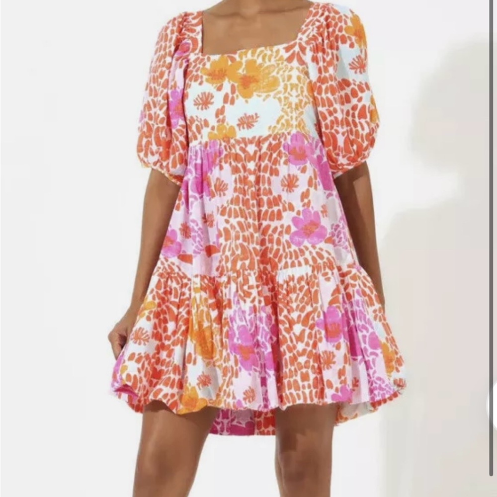 OLIPHANT Puff Sleeve Bubble Skirt Dress Antigua Orange‎ Print